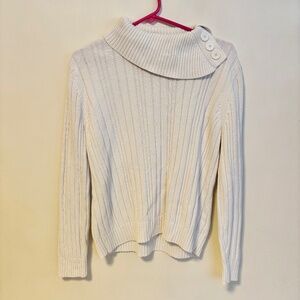 Studio Works Turtleneck Button Angled Neck Ribbed Knit Sweater Cream Womens L
